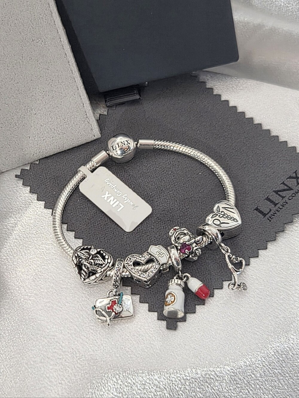 Linx Snake Chain Bracelet with Registered Nurse Charms 925 sterling silver